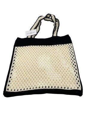 NWT Pretty Simple Black Cream Crochet Tote Bag Open Weave Double Straps Purse